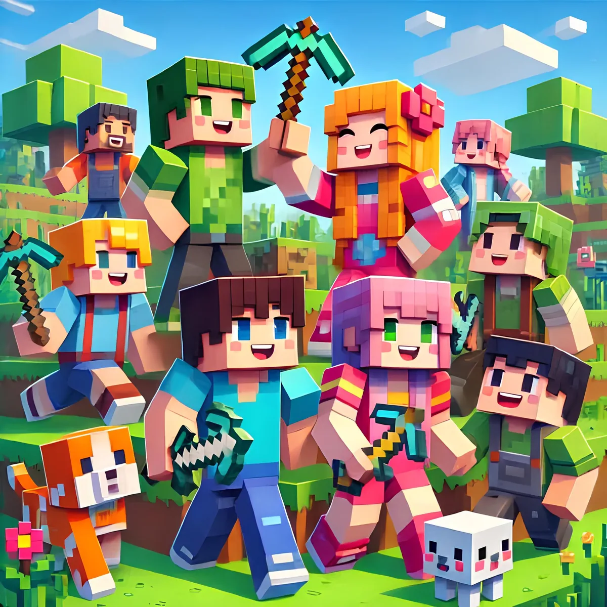 Postacie i budowle z bloków w stylu gry Minecraft